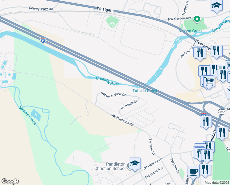 map of restaurants, bars, coffee shops, grocery stores, and more near 3112 Southwest River View Drive in Pendleton