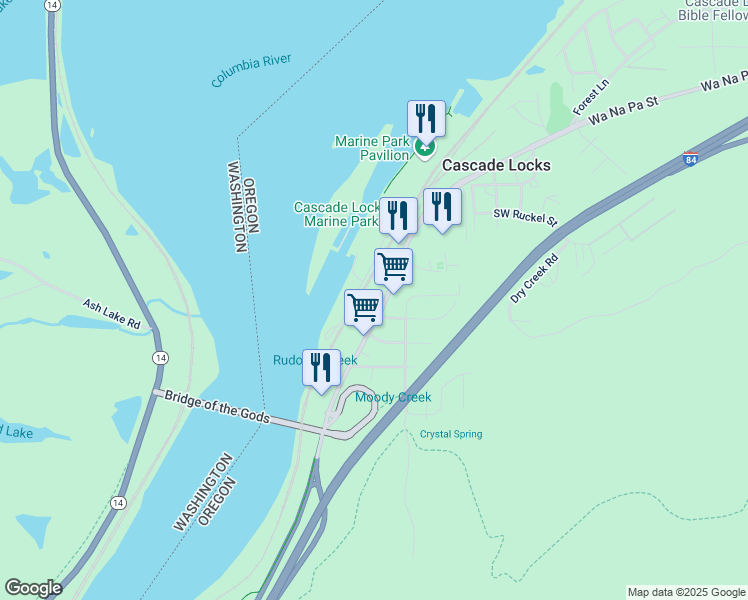 map of restaurants, bars, coffee shops, grocery stores, and more near 437 Wa Na Pa Street in Cascade Locks