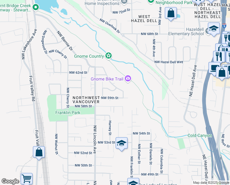 map of restaurants, bars, coffee shops, grocery stores, and more near 5921 Northwest Bernie Drive in Vancouver