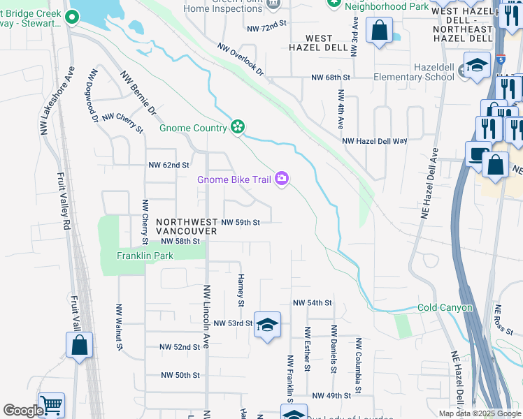 map of restaurants, bars, coffee shops, grocery stores, and more near 5921 Northwest Bernie Drive in Vancouver