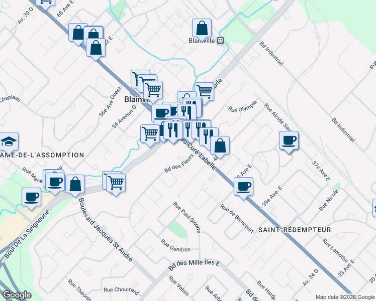 map of restaurants, bars, coffee shops, grocery stores, and more near 757 Boulevard Curé-Labelle in Blainville