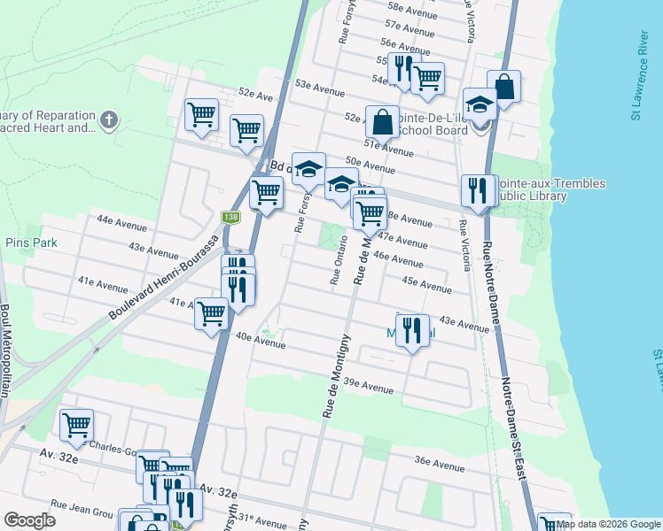 map of restaurants, bars, coffee shops, grocery stores, and more near 13795 Rue Ontario Est in Montréal