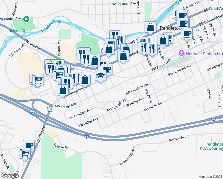 map of restaurants, bars, coffee shops, grocery stores, and more near 1206 Southwest Frazer Avenue in Pendleton