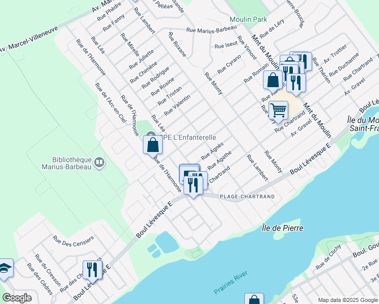map of restaurants, bars, coffee shops, grocery stores, and more near 8155 Rue Adrien in Laval