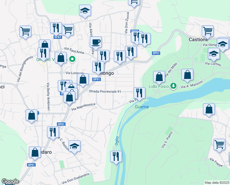 map of restaurants, bars, coffee shops, grocery stores, and more near 10 Strada Provinciale 91 in Villongo