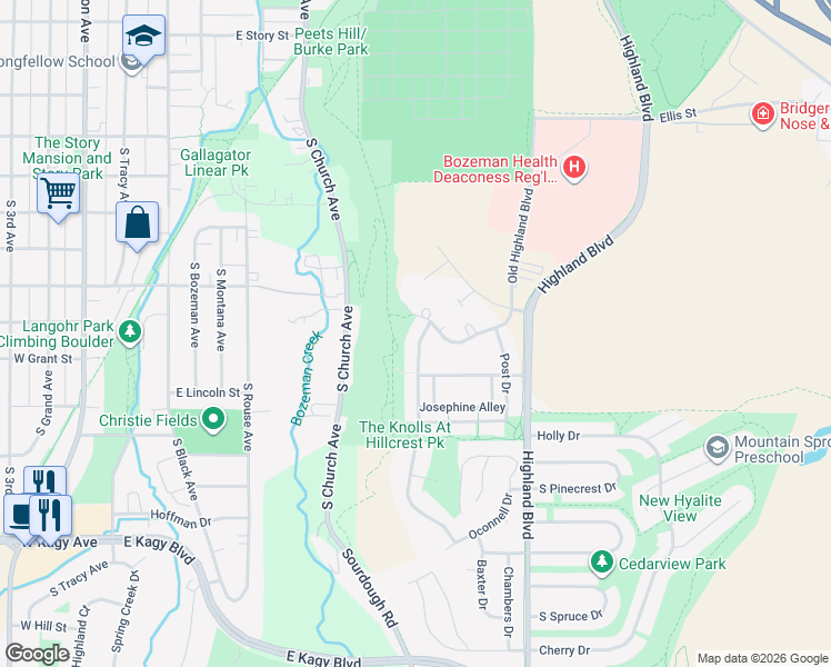 map of restaurants, bars, coffee shops, grocery stores, and more near 1400-1498 Kenyon Drive in Bozeman