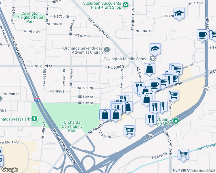 map of restaurants, bars, coffee shops, grocery stores, and more near 10301 Northeast 61st Circle in Vancouver