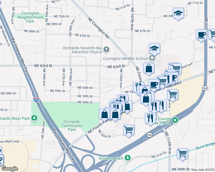 map of restaurants, bars, coffee shops, grocery stores, and more near 6001 Northeast 102nd Avenue in Vancouver
