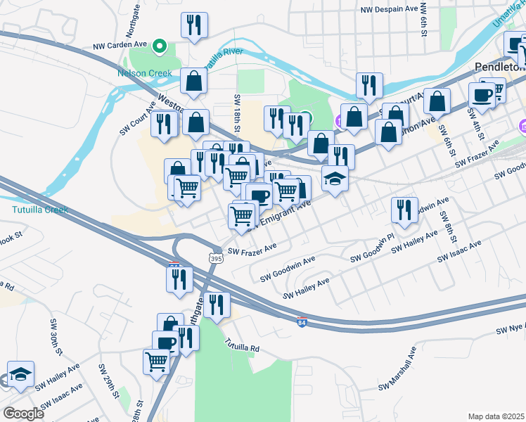 map of restaurants, bars, coffee shops, grocery stores, and more near 322 Southwest 18th Street in Pendleton