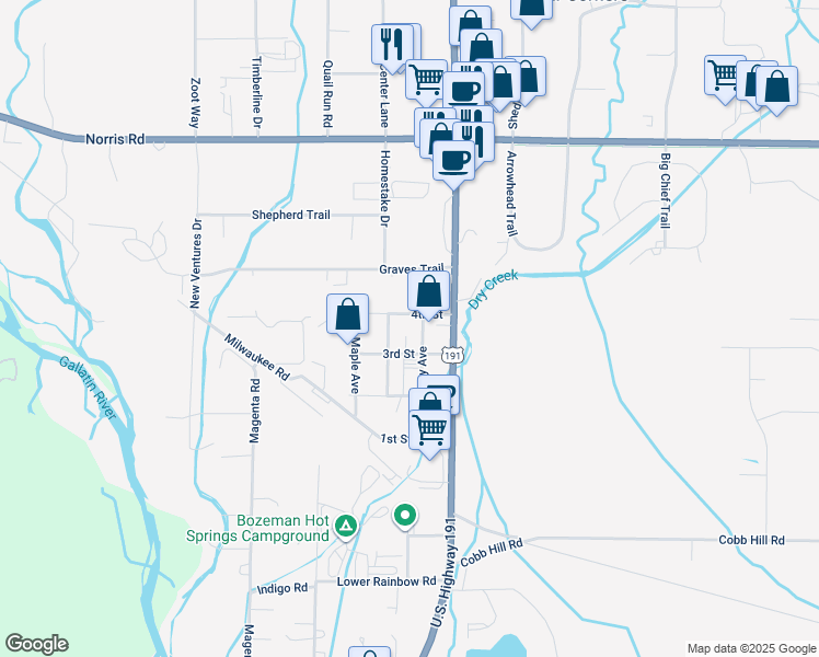 map of restaurants, bars, coffee shops, grocery stores, and more near 731 Cherry Avenue in Bozeman