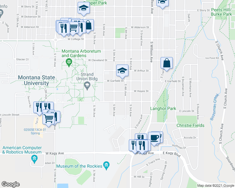 map of restaurants, bars, coffee shops, grocery stores, and more near 1304 South 5th Avenue in Bozeman
