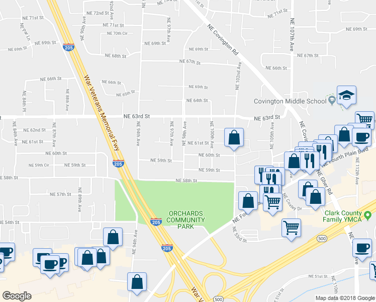 map of restaurants, bars, coffee shops, grocery stores, and more near 9800 Northeast 60th Street in Vancouver