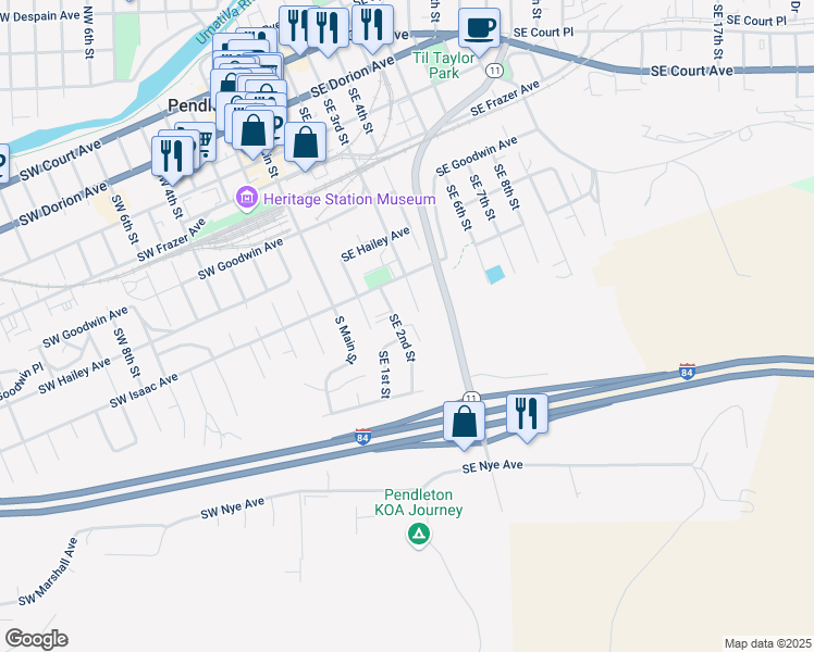 map of restaurants, bars, coffee shops, grocery stores, and more near 838 Southeast 2nd Street in Pendleton