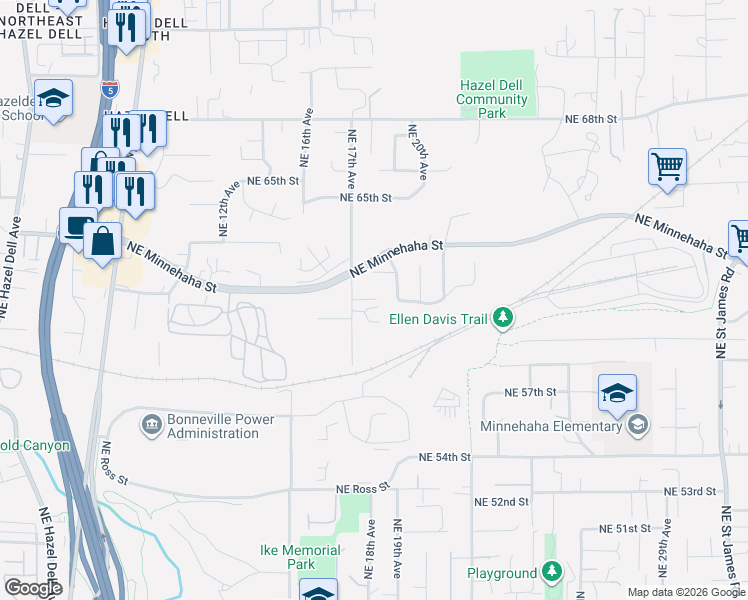 map of restaurants, bars, coffee shops, grocery stores, and more near 1808 Northeast 61st Circle in Vancouver