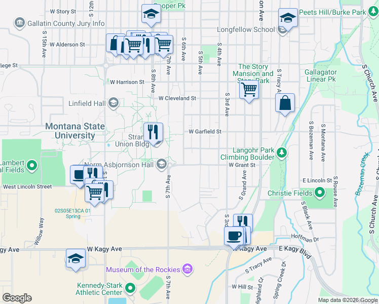 map of restaurants, bars, coffee shops, grocery stores, and more near 522 West Hayes Street in Bozeman