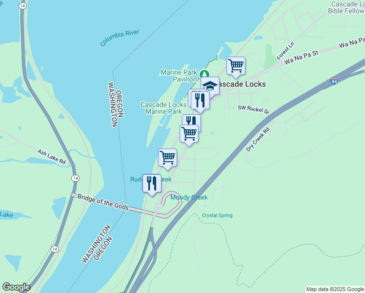 map of restaurants, bars, coffee shops, grocery stores, and more near 437 Wa Na Pa Street in Cascade Locks