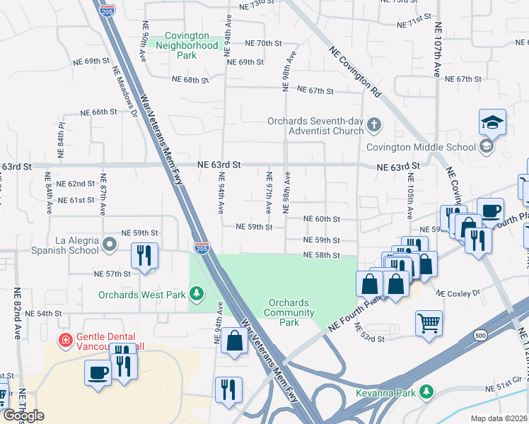 map of restaurants, bars, coffee shops, grocery stores, and more near 6006 Northeast 97th Avenue in Vancouver