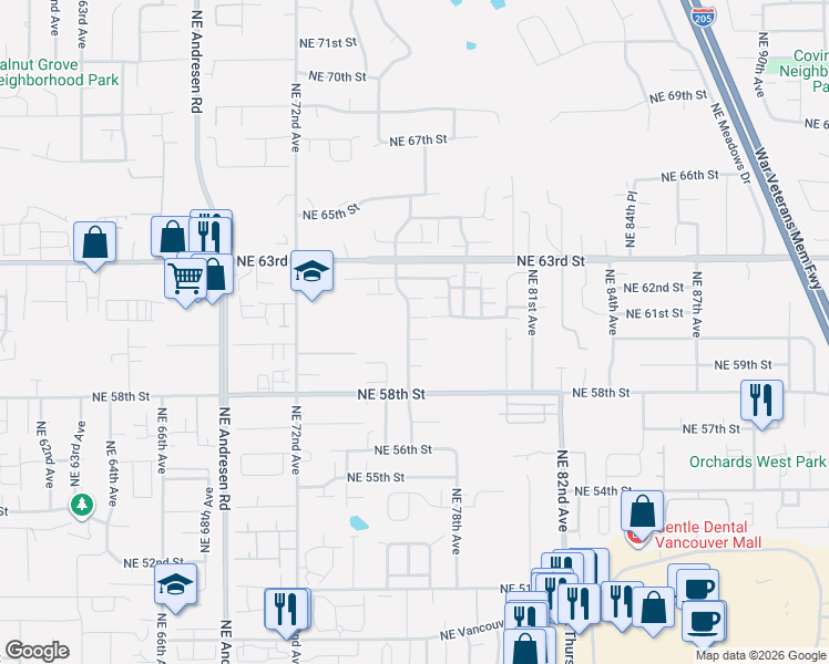 map of restaurants, bars, coffee shops, grocery stores, and more near 7600 Northeast 60th Street in Vancouver