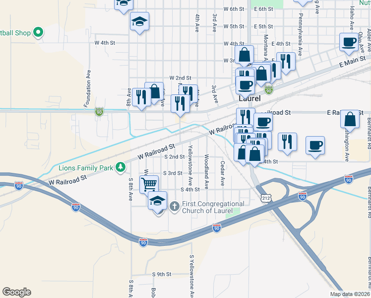 map of restaurants, bars, coffee shops, grocery stores, and more near 110 Yellowstone Avenue in Laurel