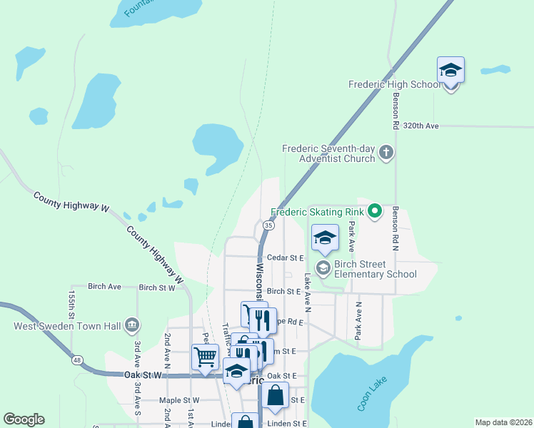 map of restaurants, bars, coffee shops, grocery stores, and more near 512 Wisconsin 35 in Frederic