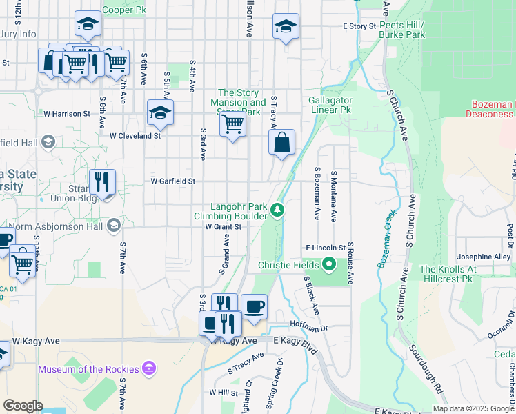 map of restaurants, bars, coffee shops, grocery stores, and more near 1301 South Willson Avenue in Bozeman