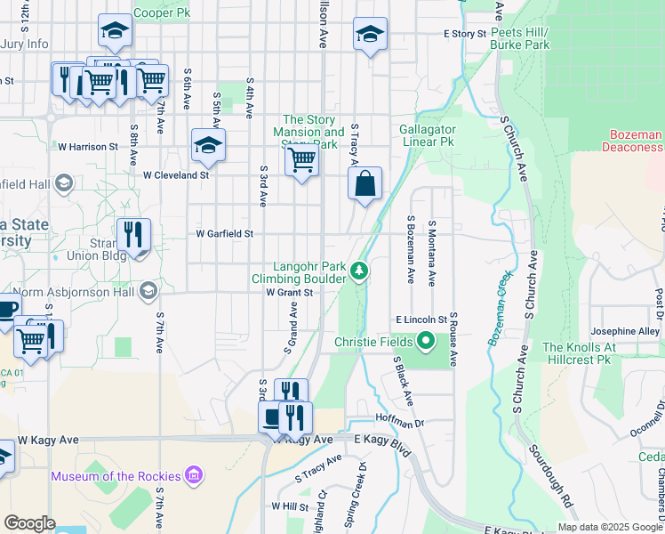 map of restaurants, bars, coffee shops, grocery stores, and more near 1301 South Willson Avenue in Bozeman