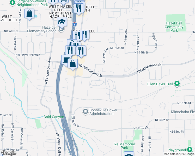 map of restaurants, bars, coffee shops, grocery stores, and more near 1101 Northeast Minnehaha Street in Vancouver