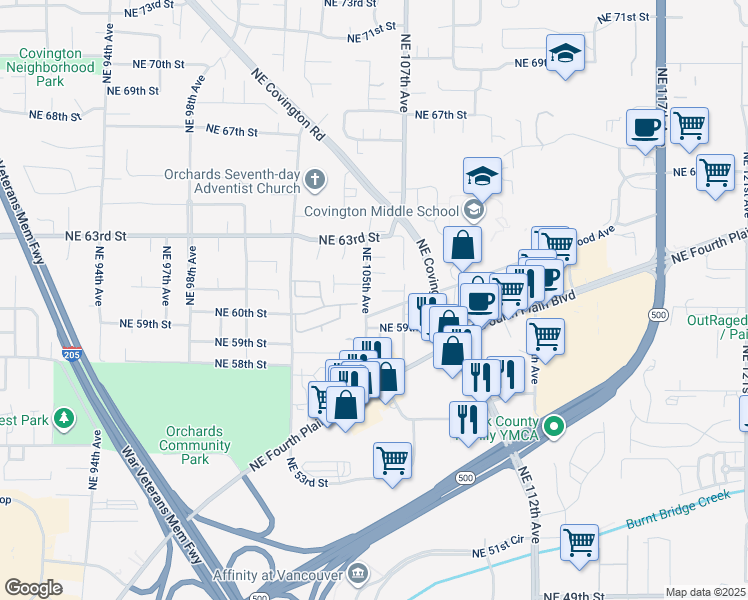 map of restaurants, bars, coffee shops, grocery stores, and more near 6007 Northeast 105th Avenue in Vancouver