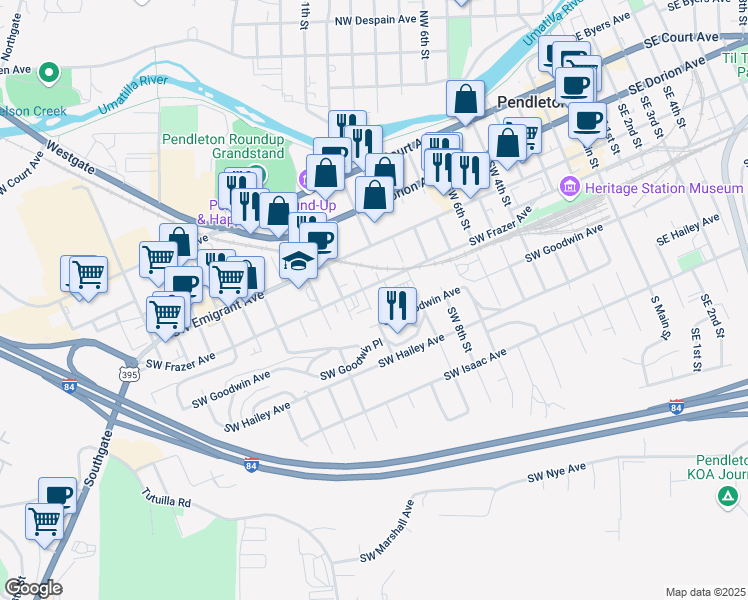 map of restaurants, bars, coffee shops, grocery stores, and more near 510 Southwest 11th Street in Pendleton