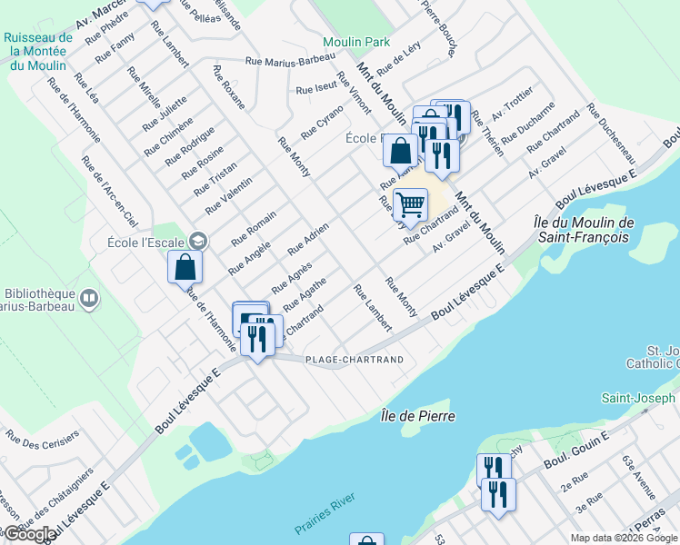 map of restaurants, bars, coffee shops, grocery stores, and more near 8290 Rue Agathe in Laval