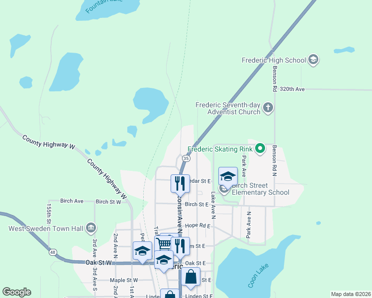 map of restaurants, bars, coffee shops, grocery stores, and more near 512 Wisconsin 35 in Frederic