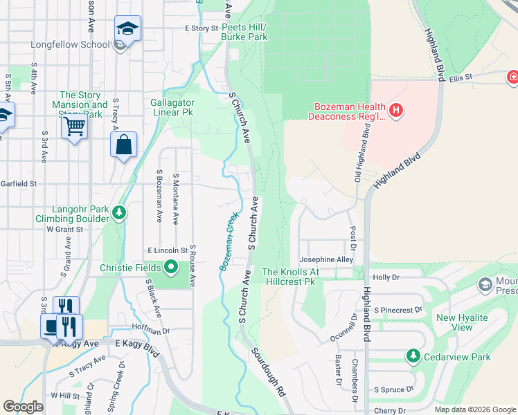 map of restaurants, bars, coffee shops, grocery stores, and more near 1208 South Church Avenue in Bozeman