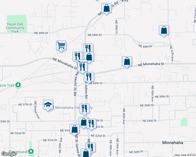 map of restaurants, bars, coffee shops, grocery stores, and more near 3532 Northeast 61st Way in Vancouver