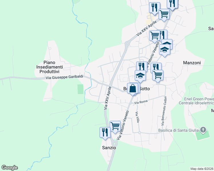 map of restaurants, bars, coffee shops, grocery stores, and more near 36 Via Giuseppe Garibaldi in Bonate Sotto
