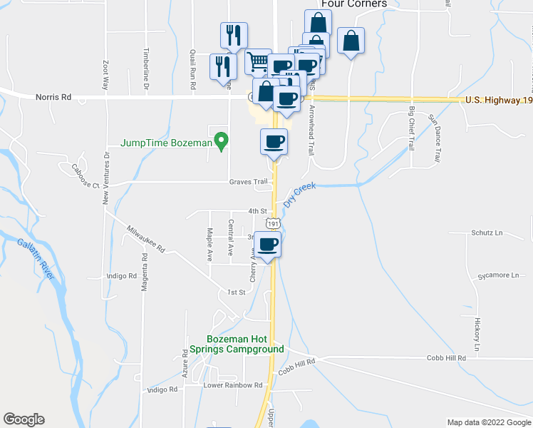 map of restaurants, bars, coffee shops, grocery stores, and more near 81555 Gallatin Road in Bozeman