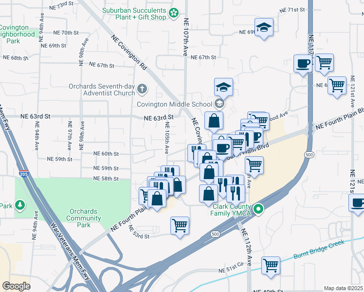 map of restaurants, bars, coffee shops, grocery stores, and more near 6006 Northeast 107th Avenue in Vancouver