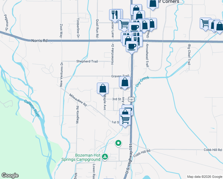 map of restaurants, bars, coffee shops, grocery stores, and more near 1868 4th Street in Bozeman
