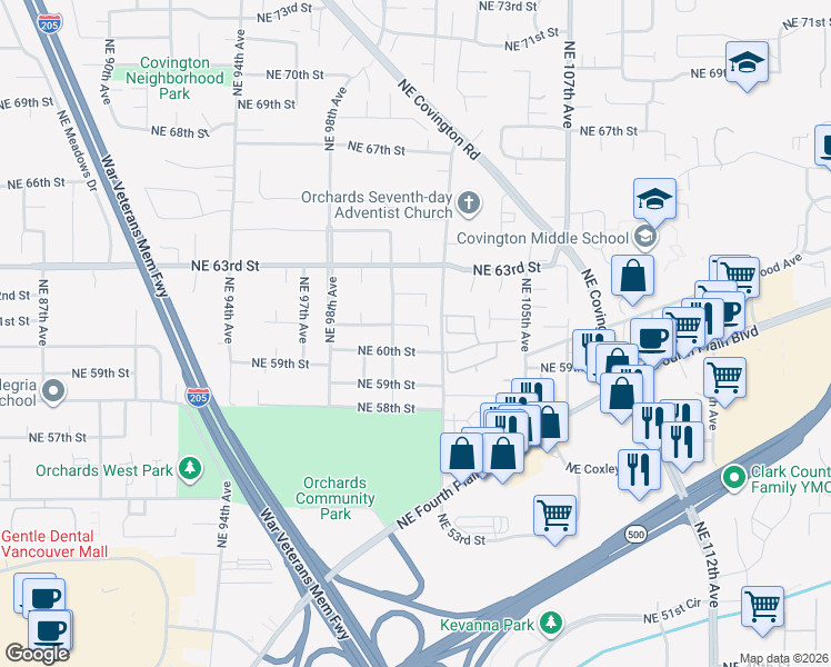 map of restaurants, bars, coffee shops, grocery stores, and more near 10019 Northeast 61st Circle in Vancouver