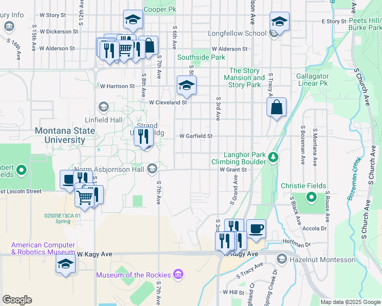 map of restaurants, bars, coffee shops, grocery stores, and more near 501 West Hayes Street in Bozeman