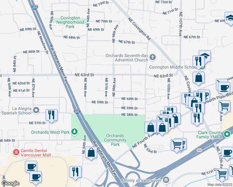 map of restaurants, bars, coffee shops, grocery stores, and more near 9800 Northeast 60th Street in Vancouver