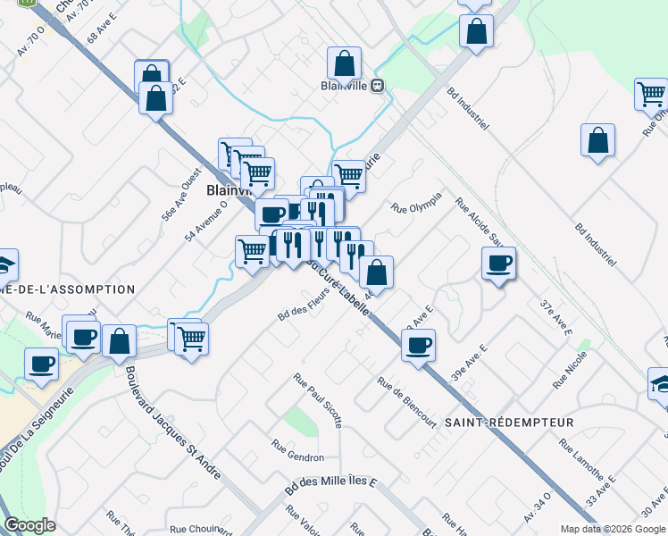 map of restaurants, bars, coffee shops, grocery stores, and more near 750 Boulevard du Curé-Labelle in Blainville