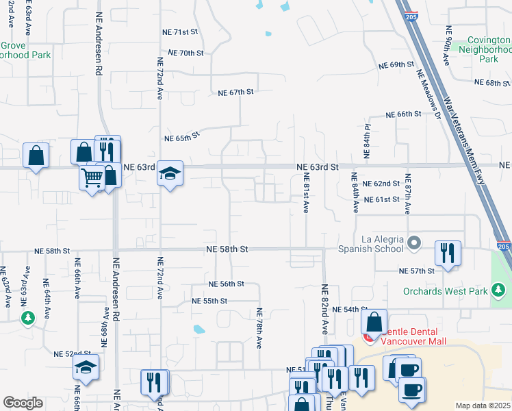 map of restaurants, bars, coffee shops, grocery stores, and more near 7701 Northeast 60th Street in Vancouver
