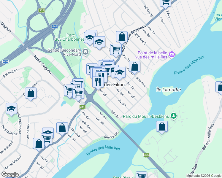 map of restaurants, bars, coffee shops, grocery stores, and more near 53 37e Avenue in Bois-des-Filion