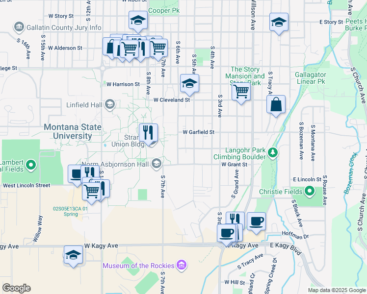 map of restaurants, bars, coffee shops, grocery stores, and more near 522 West Hayes Street in Bozeman
