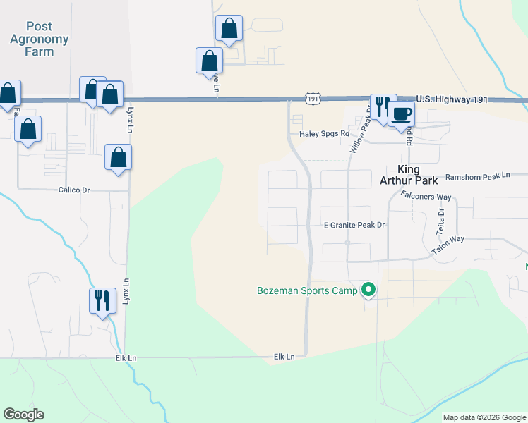 map of restaurants, bars, coffee shops, grocery stores, and more near 101 Baldy Court in Bozeman