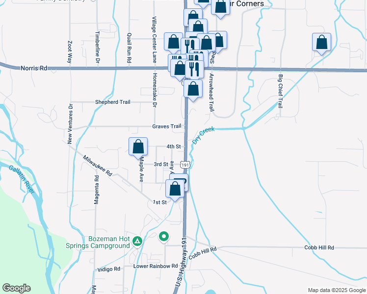 map of restaurants, bars, coffee shops, grocery stores, and more near 81555 Gallatin Road in Gallatin Gateway