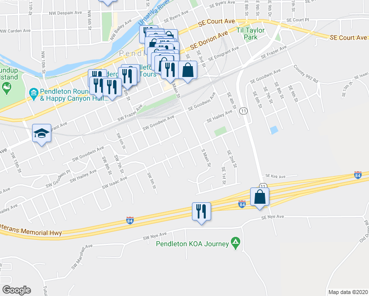 map of restaurants, bars, coffee shops, grocery stores, and more near 108 Southwest Isaac Avenue in Pendleton