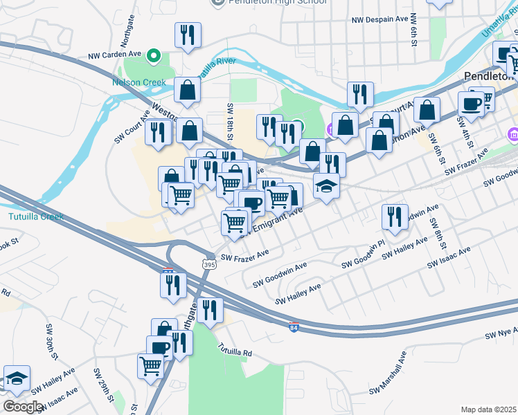 map of restaurants, bars, coffee shops, grocery stores, and more near 322 Southwest 18th Street in Pendleton
