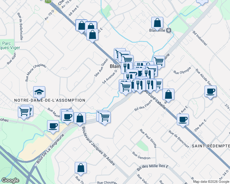 map of restaurants, bars, coffee shops, grocery stores, and more near 9 Rue Viateur Raymond in Blainville