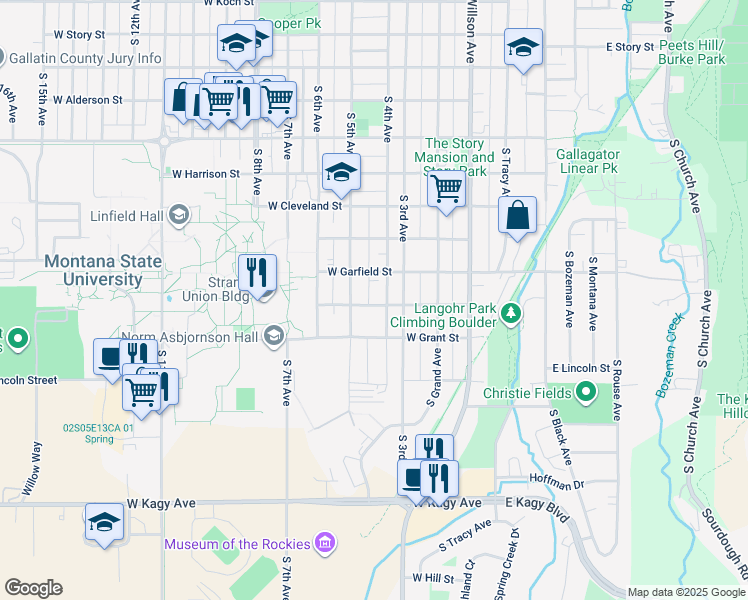 map of restaurants, bars, coffee shops, grocery stores, and more near 409 West Hayes Street in Bozeman